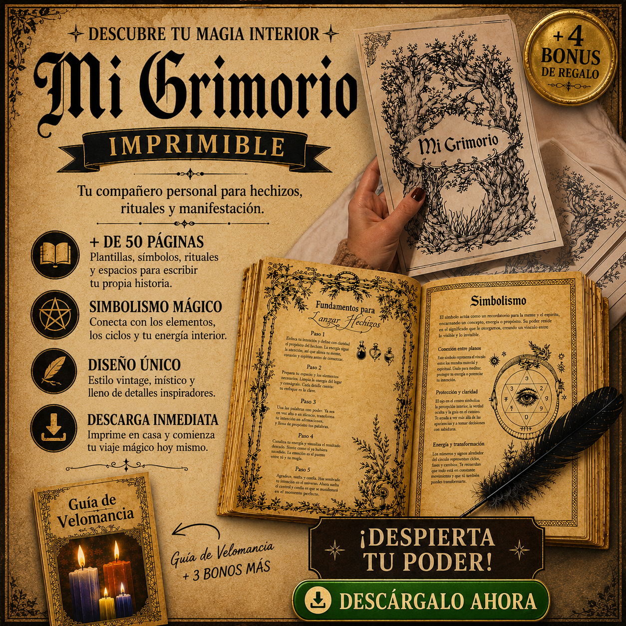 Grimorio de brujas imprimible-Hechizos+ 4 Bonus